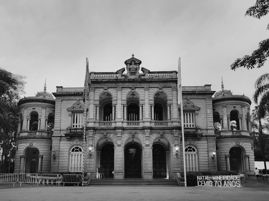 Black and white photo of a historic neo-classical building in Brazil with intricate facade.