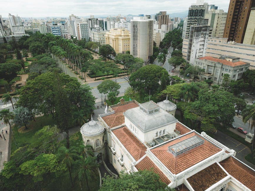 Scenic aerial view of Praça da Liberdade with neoclassical architecture in Belo Horizonte, Brazil.