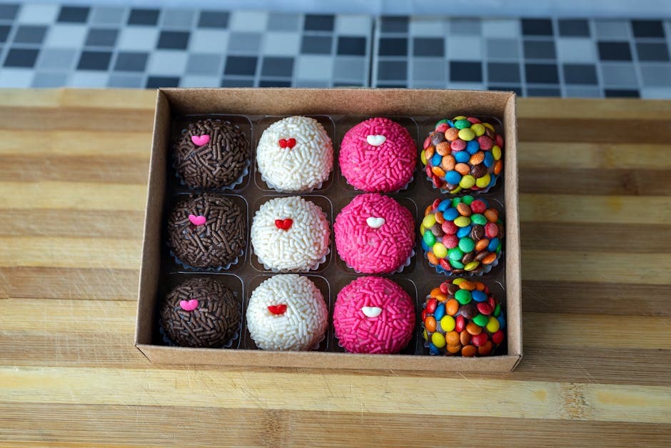 A box of colorful and delicious Brazilian brigadeiros, featuring chocolate and candy toppings on a wooden surface.