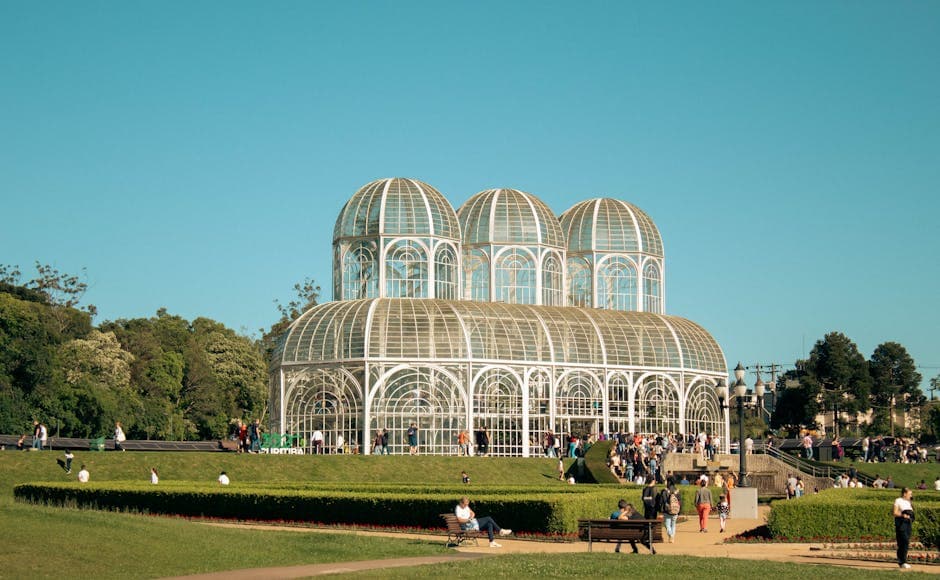 Stunning view of the greenhouse at Curitiba Botanical Garden, a popular tourist attraction in Brazil.