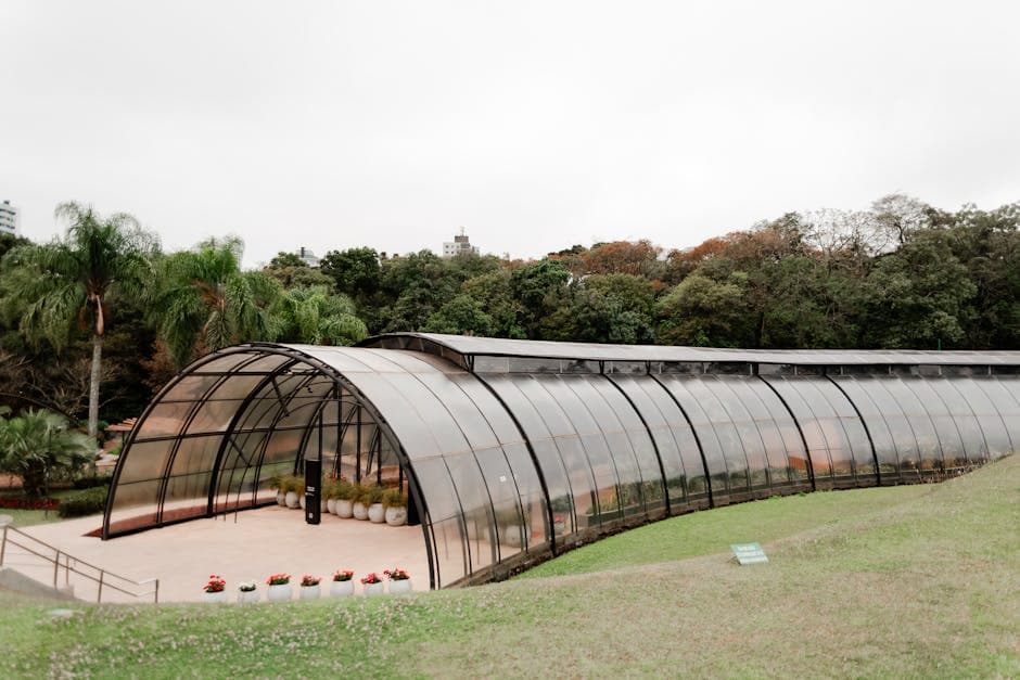 A sleek greenhouse structure surrounded by lush tropical plants in a botanical garden.