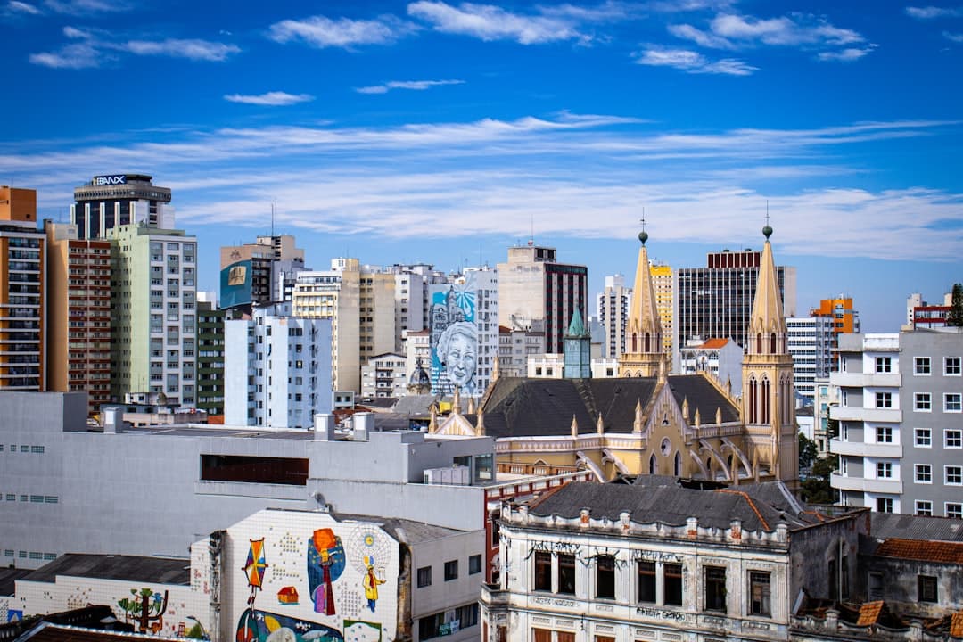 A view of a city with tall buildings