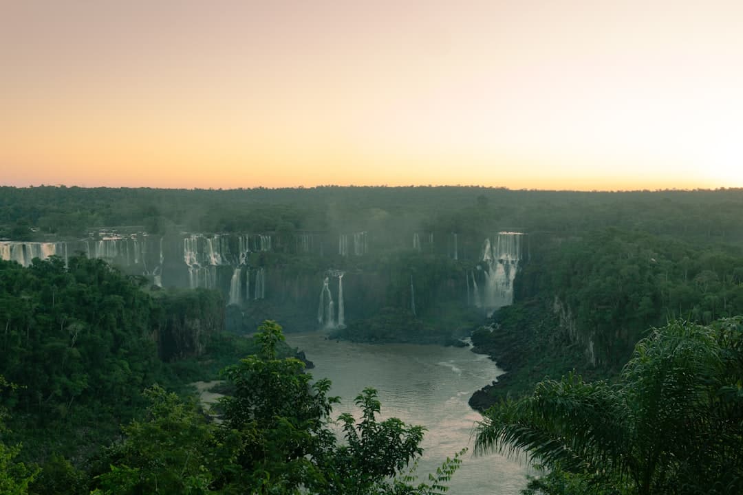 a large waterfall in the middle of a forest