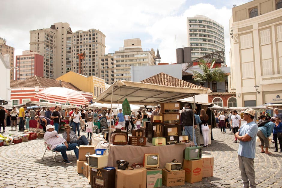 Explore a bustling street market in Curitiba with vintage items and urban energy.