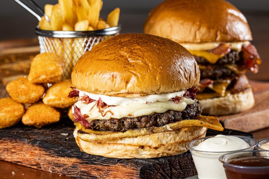 Delicious gourmet burgers with cheese, fries, and dipping sauces on a rustic board.