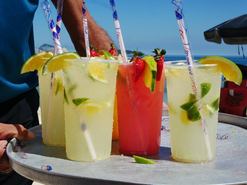 Assorted lemonade drinks served on a sunny Rio de Janeiro beach.