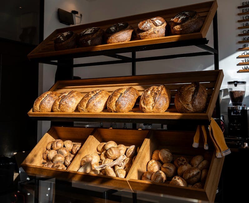 A variety of freshly baked artisan breads on display in a Berlin bakery.