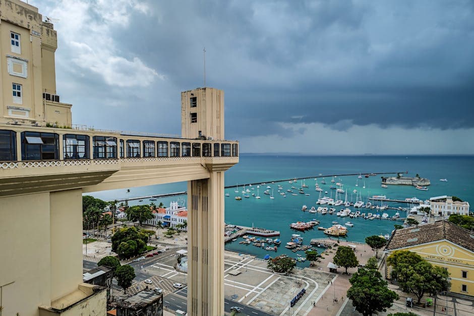 View of Elevador Lacerda with stunning bay and skyline in Salvador, Brazil.