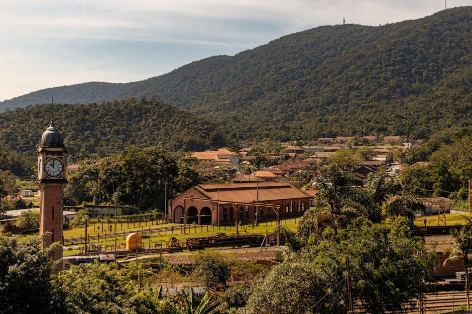 Scenic view of Paranapiacaba village and iconic clock tower in São Paulo, Brazil.