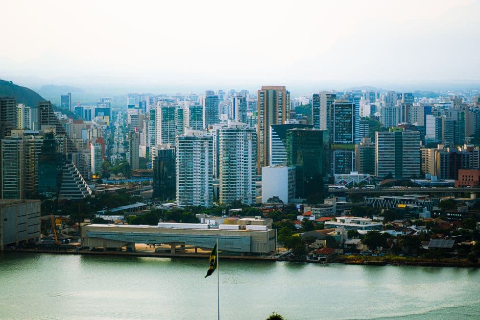 A captivating aerial view of the modern cityscape of Vitória, Brazil showcasing vibrant architecture.