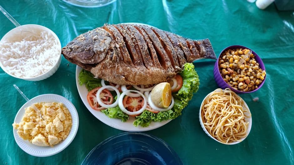 A vibrant spread with fried fish, rice, pasta, and vegetables on a green tablecloth.