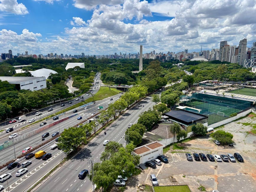 Aerial view of Ibirapuera Park, São Paulo, showcasing greenery, roads, and city skyline.