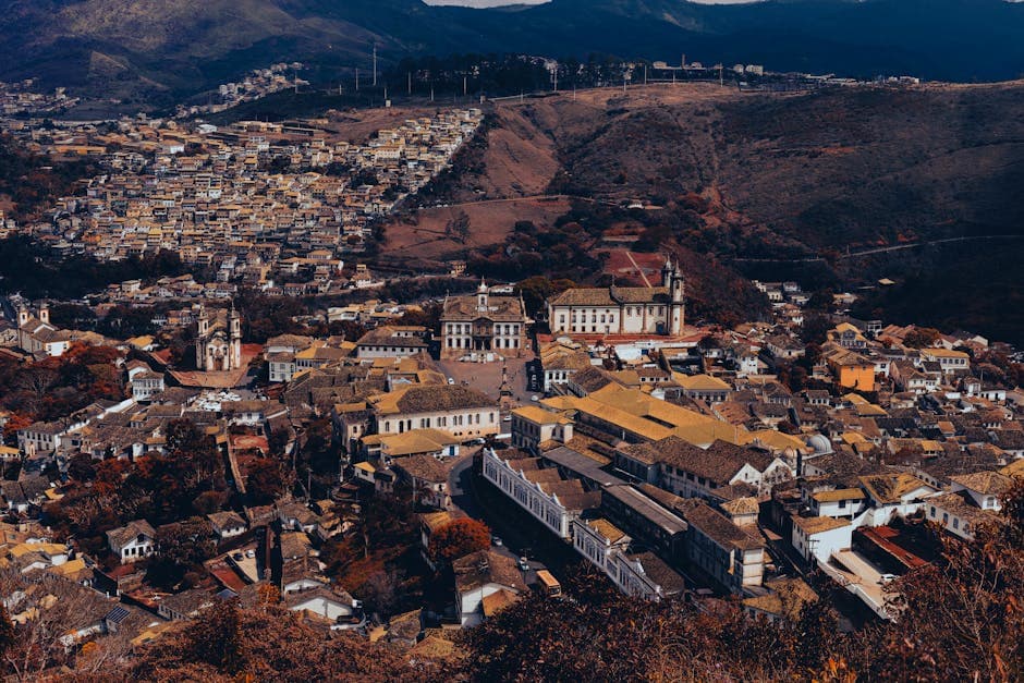 Stunning aerial view of Ouro Preto, Brazil, showcasing its historic architecture and mountainous landscape.