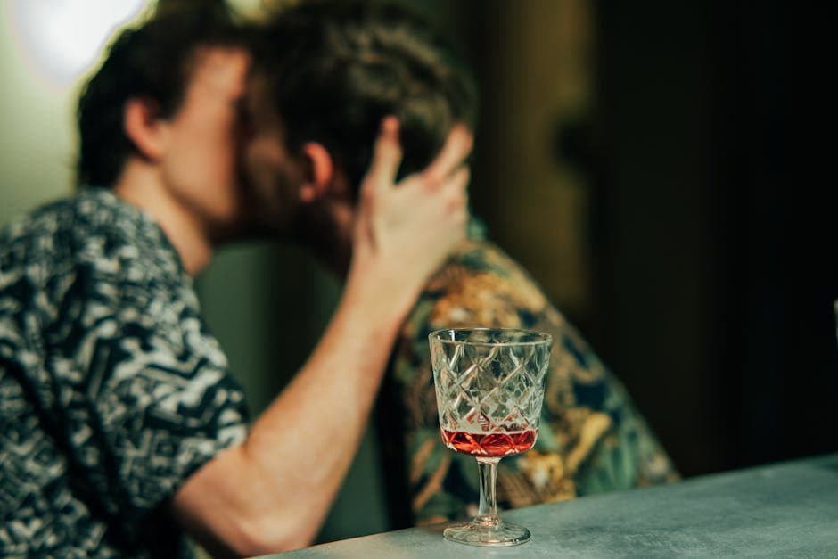 Two people sharing a romantic kiss indoors, focus on a glass of red wine.