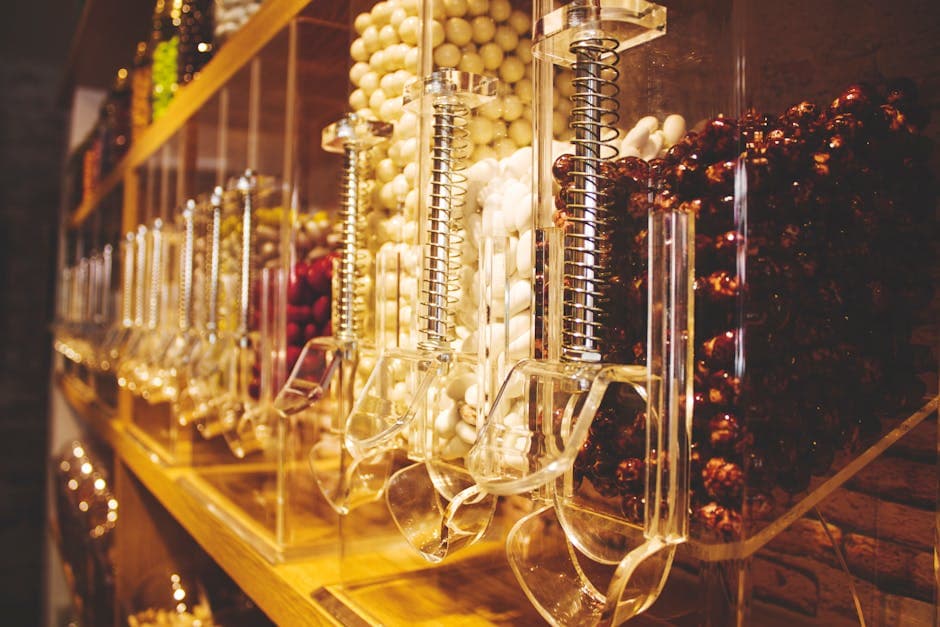 Candy dispensers filled with various sweets in a shop, showcasing a vibrant retail setting.