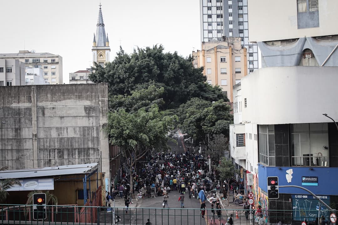 a crowd of people in a city