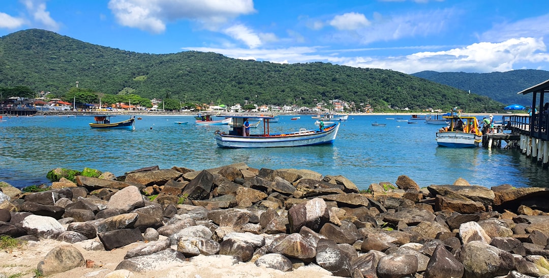 Boats float in a beautiful blue bay.