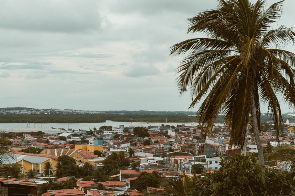 Scenic view of Natal, Brazil with palm trees and colorful buildings under a cloudy sky.