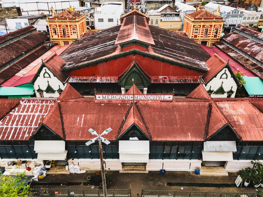 Historic Mercado Municipal in Manaus, Brazil, showcasing classic architecture from above.