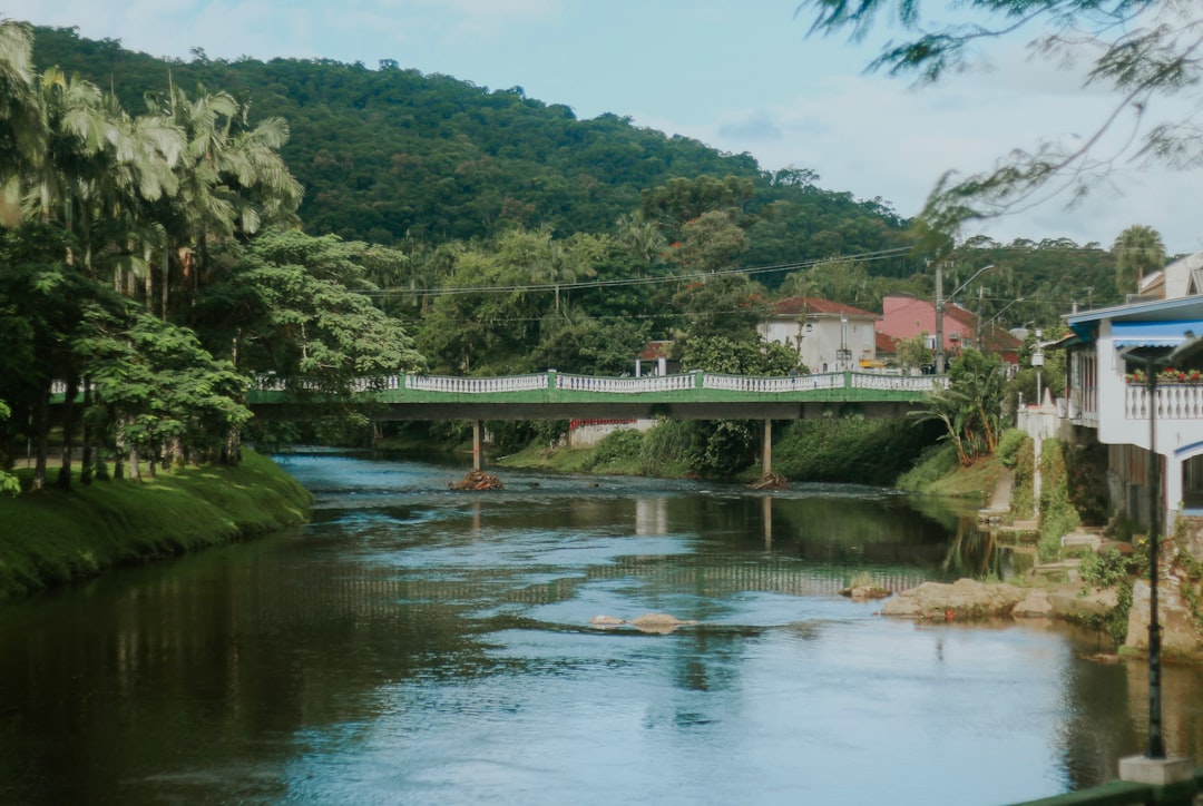 A bridge crosses a river with lush green trees.