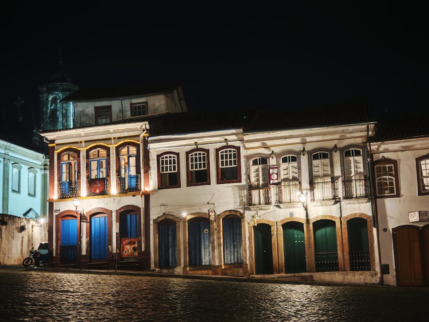 Charming colonial buildings lit up in Ouro Preto, Brazil. Iconic at night.
