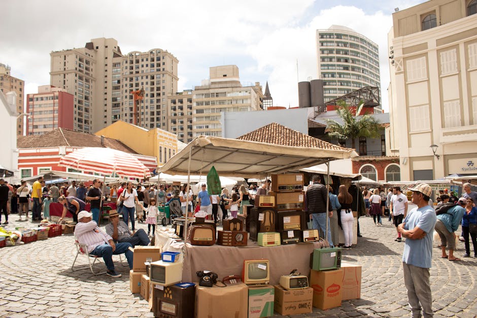 Explore a bustling street market in Curitiba with vintage items and urban energy.