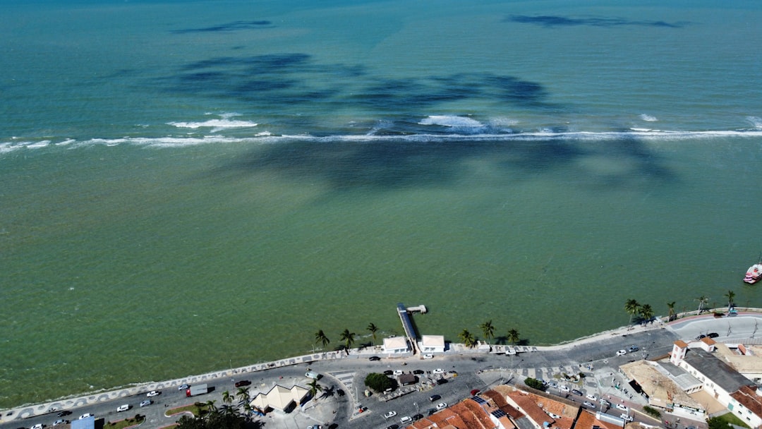 a large body of water with a road and buildings along it
