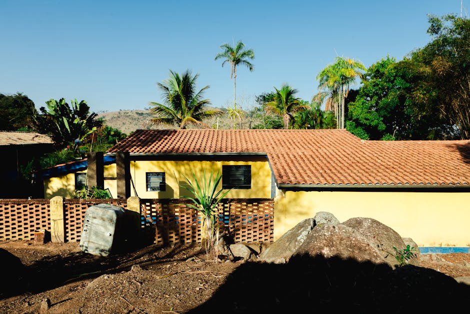 Yellow farmhouse amidst tropical plants, rural setting in Espírito Santo do Pinhal, Brazil.