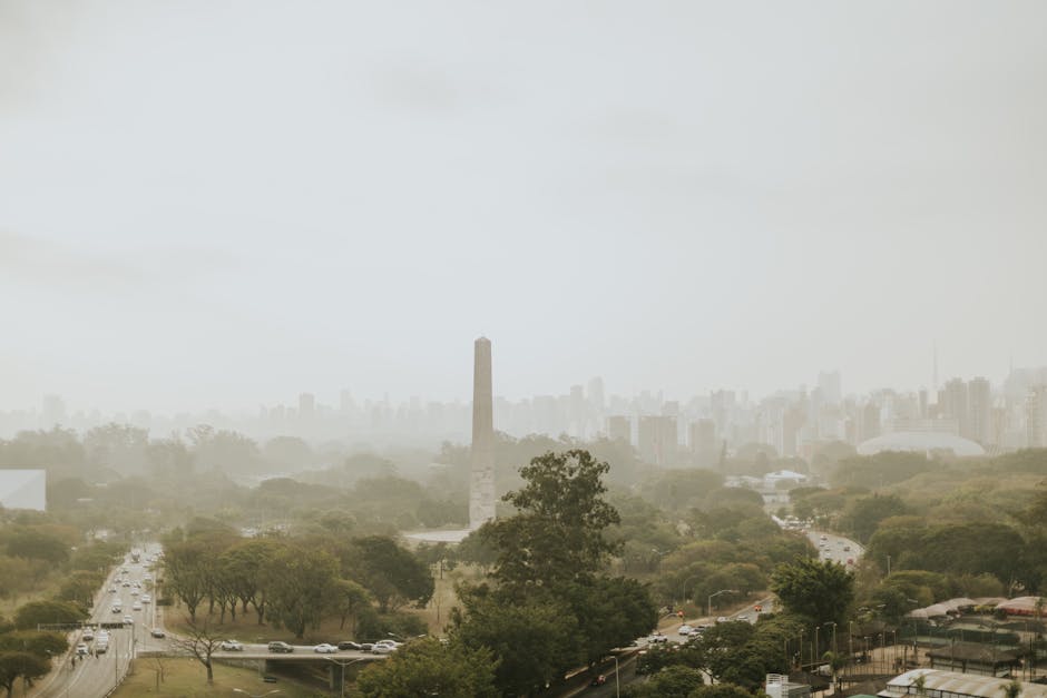 Aerial shot of Obelisk in Ibirapuera Park, São Paulo, surrounded by lush greenery and cityscape.