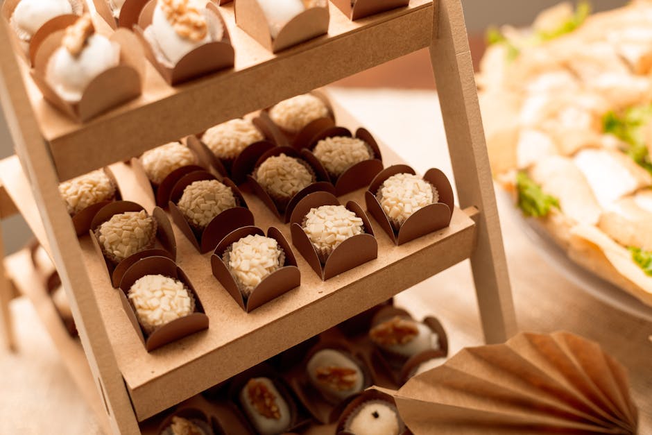 Close-up of Brazilian brigadeiros elegantly arranged on a wooden display at a São Paulo event.