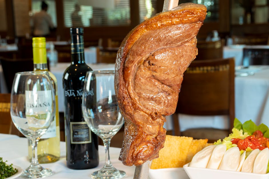Succulent grilled picanha served with wine and salad in a cozy São Paulo restaurant for a delicious dining experience.