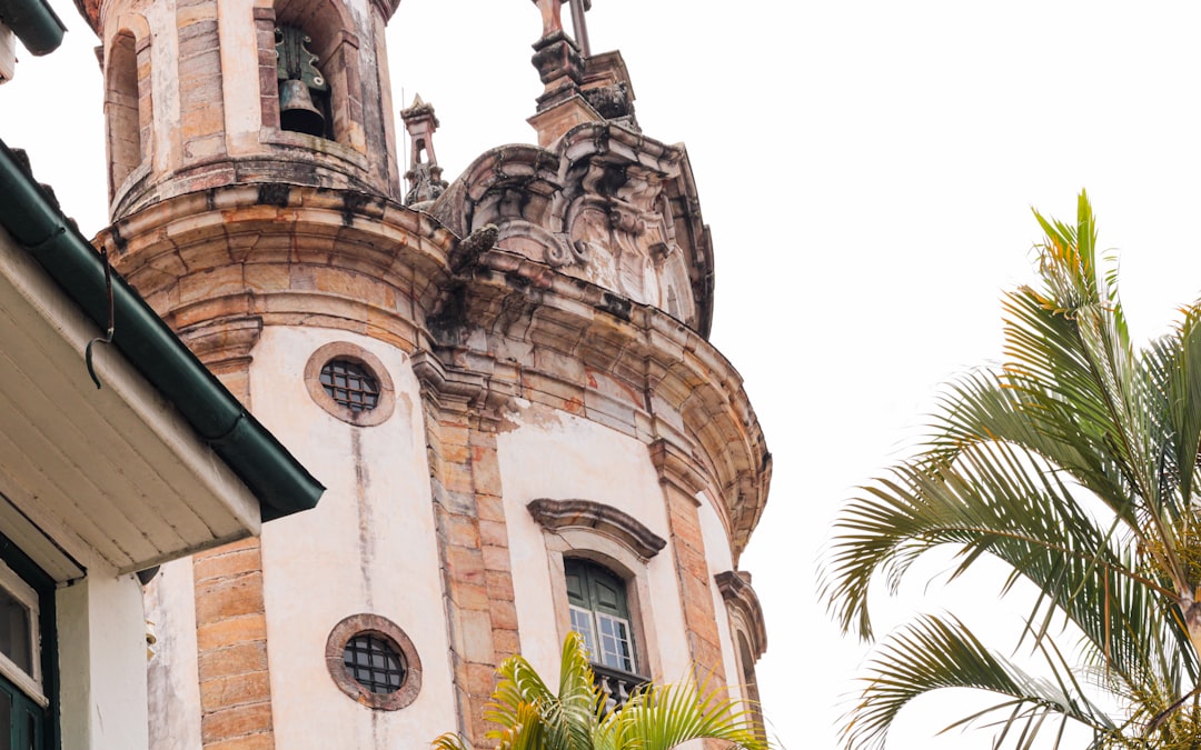 Ornate church tower with bell and palm fronds.